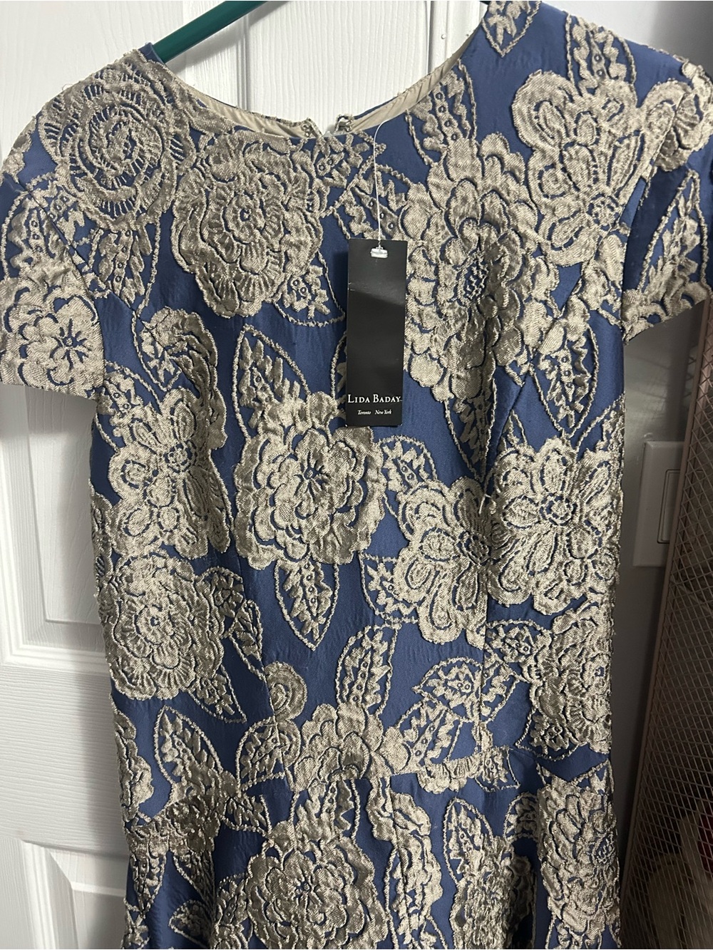 Lida Baday Blue and Gold Asymmetrical Floral Lace Dress